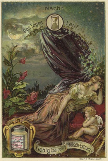 Picture series of the day Run, night, Liebig picture, digitally restored reproduction of a collector's picture from around 1900, public domain, exact date unknown, romantic night illustration with sleeping woman and full moon