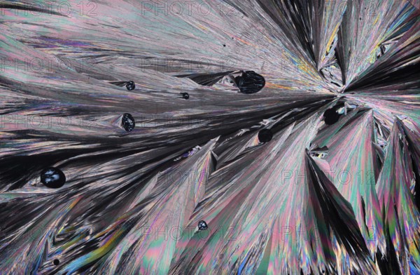 Stunning microscopic image showcasing the intricate patterns and vibrant colors of Hippuric acid crystals. Shades of pink, blue, green, and silver create a visually striking landscape