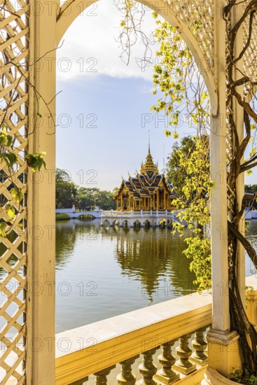Garden pavilion, open gilded pavilion at the back, Buddhist temple complex, Thai King's Summer Palace, Bang Pa-In, near Ayutthaya, Thailand