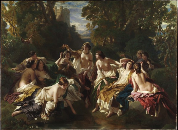 Franz Xaver Winterhalter (20 April 1805 - 8 July 1873), German painter, he was one of the most sought-after and famous portrait painters, here his work:, Florinda, Painting, Reproduction of the painting, Work of art, Historical, Group of woman in mythological scene, lingering by a stream in natural surroundings