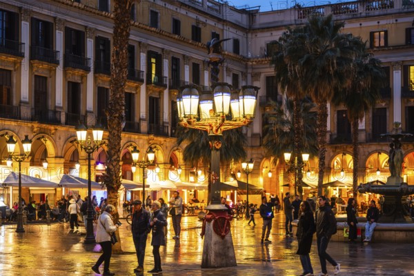 Nightlife at Plaça Reial, lanterns by Gaudi in the historic centre of Barcelona, Spain