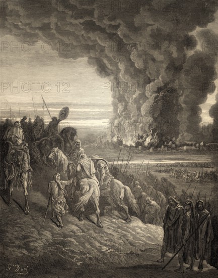 Joshua Burns the Town of Ai, Old Testament, Gustave Doré, 1863