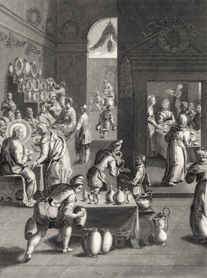 The wedding in Cana of Galilee, Steel engraving 1853, digitally restored