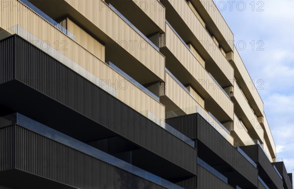 Modern architecture emphasizing sustainability. It features innovative design elements such as vibrant colorful portals and efficient passive house features, promoting both aesthetic appeal and low-emission living