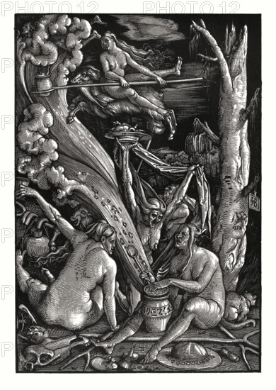 Three witches prepare for the Sabbath, by Hans Baldung Grien, 1510, facsimile of the 19th century
