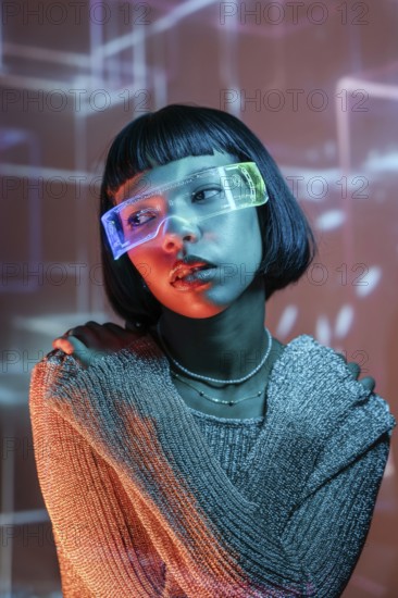 A Latin woman experiencing the immersive world of virtual reality. Wearing futuristic VR glasses, she explores digital environments with a sense of wonder and innovation