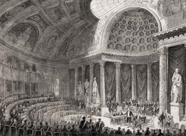 Chamber of Peers, Chambre des Pairs, Paris, antique steel engraved print, 1831