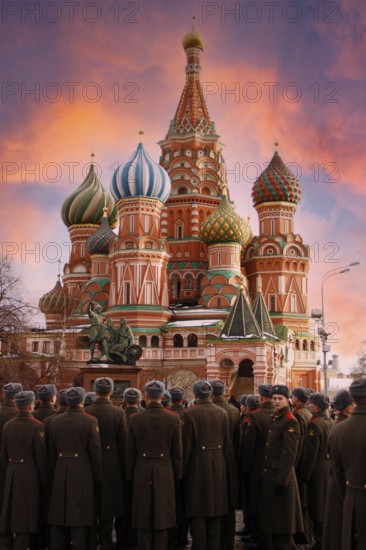 Moscow, Russia, January 2016: an academy of soldiers visiting Red Square in Moscow in a beautiful sunset