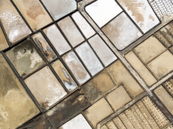 Salt mining plant, Salinas de Janubio, top-down, near Yaiza, drone shot, Lanzarote, Canary Islands, Spain