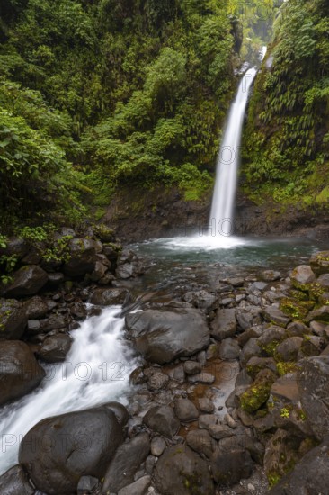 La Paz waterfall, waterfall in dense green vegetation, long exposure, Alajuela province, Costa Rica