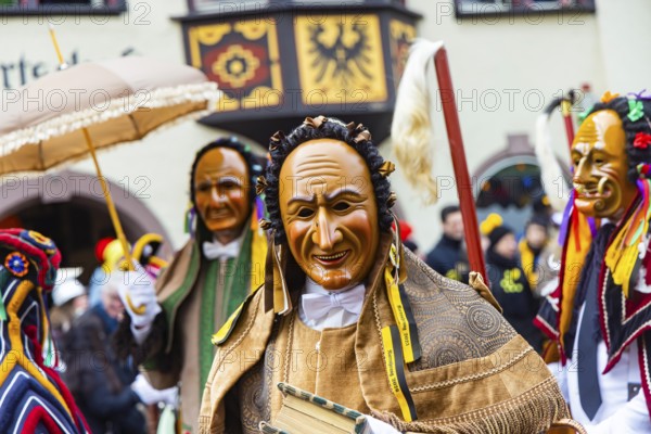 The highlight of the Swabian-Alemannic carnival is the fool's jump in Rottweil. Around 4000 fools jump through the historic Black Gate. Only fools with the certified original Rottweiler fool dress may participate. Rottweil, Black Forest, Baden-Württemberg, Germany