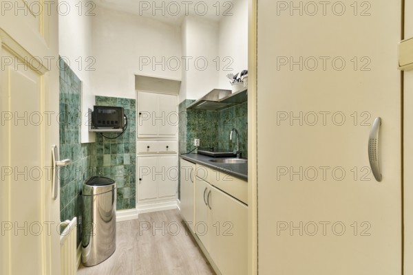 A sleek, modern kitchen showcases minimalist design with green tiled walls, clean cabinetry, and stainless steel appliances, creating an inviting cooking space