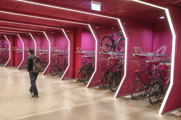 Bicycles are available in the bicycle parking garage at Potsdamer Platz. The parking garage offers space for 280 bicycles of all types, Berlin, 04.03.2026, Berlin, Berlin, Germany