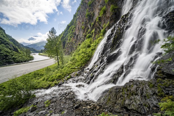 Bridalveil Falls waterfall, canyon, long exposure, Keystone Canyon, Richardson Highway, Alaska, USA