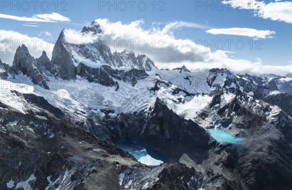 Aerial View, Epic Panorama, Large Glaciers, Lago de los Tres Laguna Sucia Glacier Lakes, Mountains and Peaks of Monte Fitz Roy, Mount Fitz Roy, Cerro Chalten, Los Glaciares National Park, Patagonia, Santa Cruz Province, Argentina
