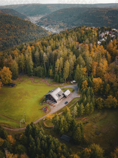 Aerial view of the Sommerberg in the autumn forest, Bad Wildbad, Black Forest, Germany