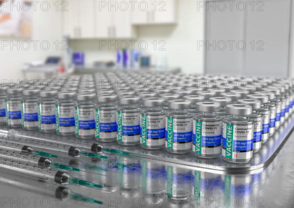 Hundreds of Coronavirus COVID-19 Vaccine Vials and Syringes In Medical Office