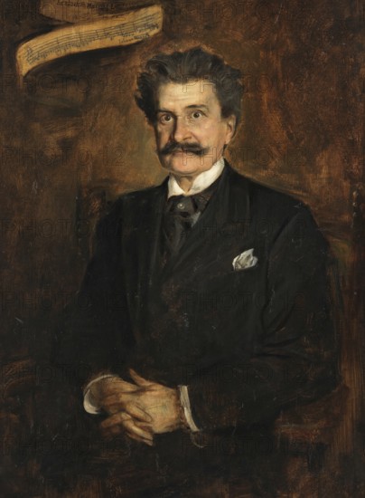 Painting, Reproduction of the painting, Work of art, Historical, Franz Seraph Lenbach, since 1882 Ritter von Lenbach (born 13 December 1836 in Schrobenhausen, died 6 May 1904 in Munich), German painter, Munich painter prince, here his work:, Johann Strauss (son), composer (1895), Johann Baptist Strauss (born 25. October 1825 (2) in St. Ulrich near Vienna, today part of Vienna-Neubau, died 3 June 1899 in Vienna) was an Austrian-German bandmaster and composer and was internationally acclaimed as the king of waltzes, A formal man sits in front of a sheet of music and looks serious