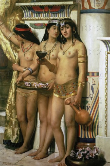 John Collier (b. 28 January 1850 in London, d. 11 April 1934 in London), British writer and painter in the Pre-Raphaelite style, here his work: Pharaoh's Handmaidens (1883), three woman in ancient Egyptian robes with jewellery and jug, an exotic scene
