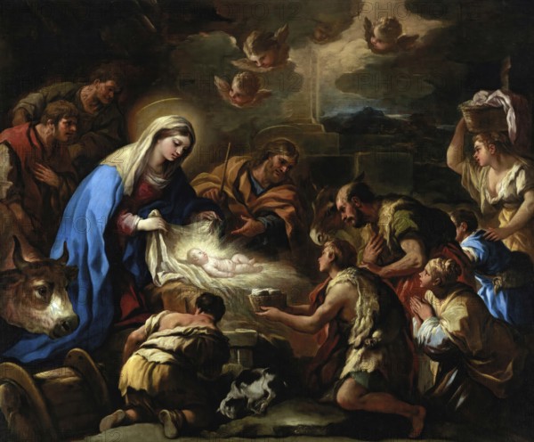 Luca Giordano (b. 18 October 1634, d. 3 January 1705), called Fa Presto, Italian painter and etcher of the Baroque period, The Adoration of the Shepherds, Painting, Reproduction of the painting in its original state, Work of art, Historical, The birth of Jesus is viewed by Mary and shepherds with a shining ray of light