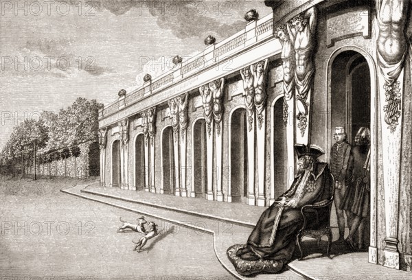 Frederick II or Frederick the Great, 1712-1786, King of Prussia in his last days on the terrace of Sanssouci Palace, Potsdam, Germany