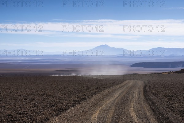 A dusty, gravel road cuts through the arid landscape of La Puna in Argentina, offering a view of distant mountains under a clear blue sky
