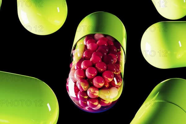 Bright green capsules pills with one revealing vibrant contents create a dynamic visual against a deep black background