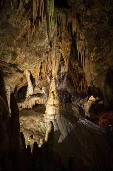 Stalagmites and stalagtites in a cave, Devil's Cave Pottenstein, Franconian Switzerland, Franconia, Bavaria, Germany