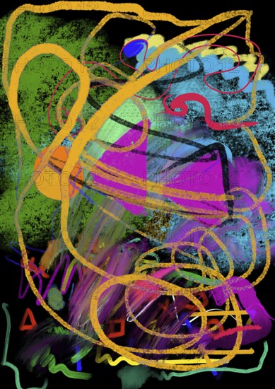 A vibrant and dynamic abstract composition featuring bold, swirling lines and geometric shapes in vivid colors against a dark background, creating a sense of energy and motion