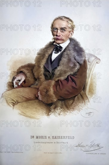 Moritz Blagatinschegg Edler von Kaiserfeld (born 24 January 1811 at Mannsberg Castle near Pettau, died 14 February 1885 at Birkenstein Castle near Birkfeld) was an Austrian politician of the Habsburg Monarchy, Historical, digitally restored reproduction from a 19th century original, Record date not stated