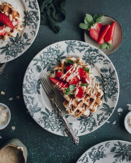 Delicious waffles topped with fresh strawberries and cream are elegantly served on beautiful floral-patterned plates, creating a visually appealing and mouth-watering breakfast scene