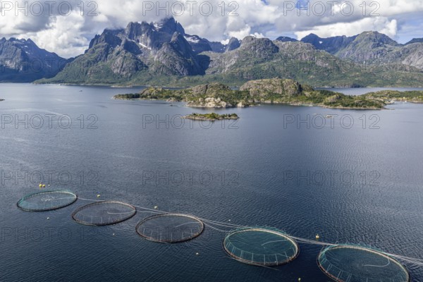 Cages of a salmon farm, at Raften at the Raftsund, the waterway between Lofoten and Vesteralen, aerial view, Norway