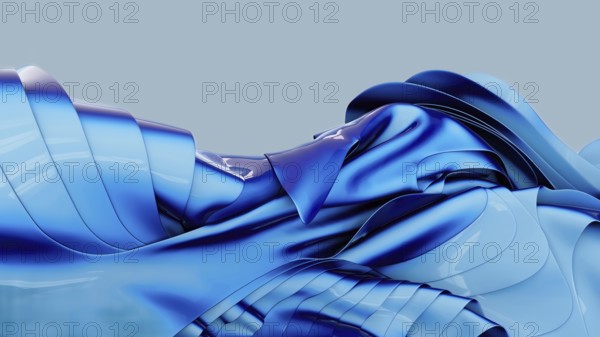 A vibrant abstract composition featuring intertwined blue metallic shapes, creating a dynamic, fluid wave pattern against a soft, neutral background. Captures movement and modernity