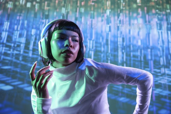 A futuristic Latin woman wearing large headphones, immersed in music. The vibrant blue and green lighting creates a dynamic atmosphere, highlighting her enjoyment and style