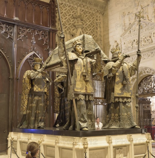 Detailed sarcophagus with elaborate figures in a historic church, Seville, Andalusia, Spain