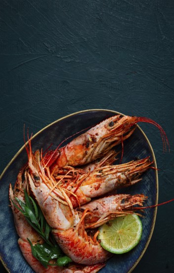 Langoustines, Australian, freshly frozen on ice, top view, lime and greens