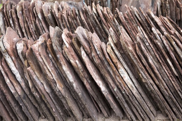 Old red sandstone roofing tiles, Bodenwerder, Weserbergland, Lower Saxony, Germany
