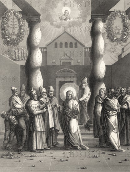 Pharisees try to trap Jesus, New Testament, steel engraving 1853, digitally restored