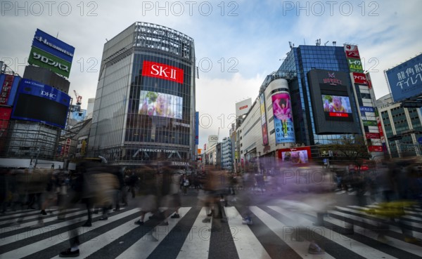 Crowd crossing zebra crossing on a large intersection, motion blur, back modern houses with colorful neon signs, long exposure, Shibuya Crossing, Shibuya, Tokyo, Japan