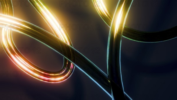 Abstract image 3D of glowing, intertwined light trails in vibrant shades on a dark background. Perfect for modern, energetic designs and digital concepts