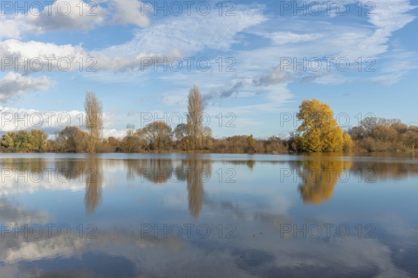 The river flows flat and reflects clouds and mountains under a clear sky. Autumn trees draw the shoreline. It is a quiet moment on the water's edge. Bas Rhin, Alsace, France