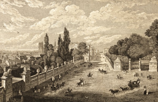 Belvue in Brussels, Belgium, park, square, pedestrian, promenade, horse-drawn carriage, rider, steel engraving, upscale lifestyle, society, villas, church tower, hillside, historical illustration 1834