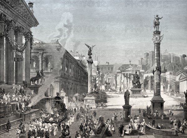 Reconstruction of the Roman Forum or Forum Romanum in ancient Rome