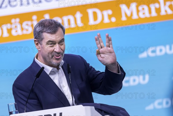 Markus Söder with volcanic greetings from the space series Star Trek. 38th federal party congress of the CDU of Germany in Stuttgart. The Minister-President of the Free State of Bavaria is an avowed fan of the cult series StarTrek. Stuttgart, Baden-Württemberg, Germany