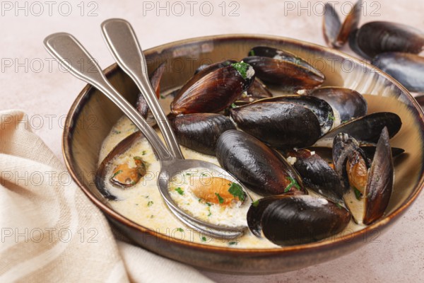 Mussels in creamy garlic sauce, served with fresh herbs and spices, homemade, no people