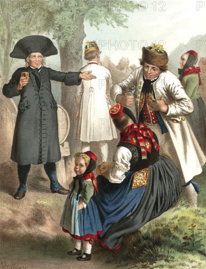 Traditional costumes in Germany around 1820, Province of Chur-Hesse, on the Schwalm, scene with people in traditional traditional costume at an open-air festival, digitally retouched reproduction of a model from around 1850, by Albert Kretschmer (27 February 1825, 11 July 1891), German painter and costume expert
