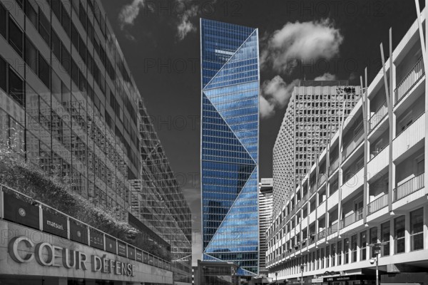 High-rise office buildings and employee apartments in La Défence, largest office building district in Europe, black and white, Paris, France