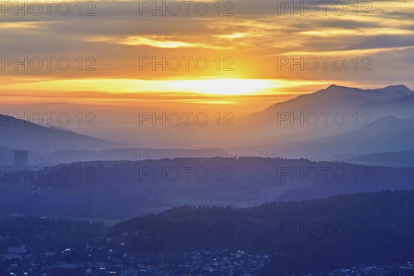 View of the Jura foothills from the Gisliflue, in the light of the setting sun, Talheim, Canton, Aargau, Switzerland