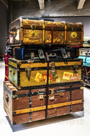 Luggage maze, historic suitcases, FENIX, museum about migration, in a historic warehouse in Katendrecht, hub for emigrants who set off overseas on the Holland-America line, Rotterdam, the Netherlands