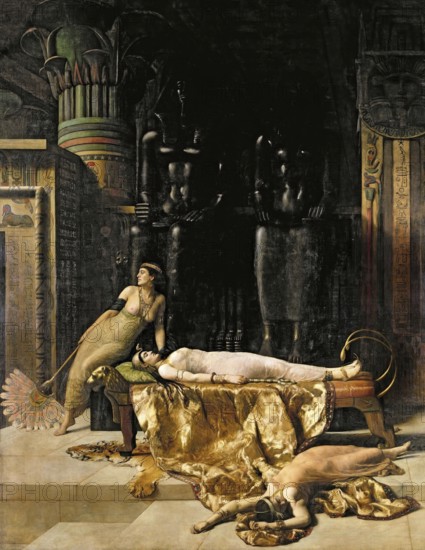 John Collier (born 28 January 1850 in London, died 11 April 1934), British writer and painter in the Pre-Raphaelite style, here his work: The Death of Cleopatra (1890), Two woman resting in an Egyptian-style room with opulent fabrics and statues